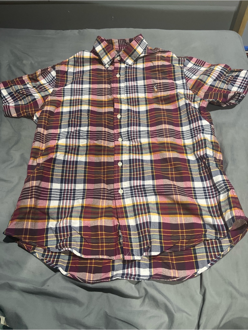 Ralph Lauren Short-Sleeve Plaid Button-Down Shirt - Burgundy, White, Yellow